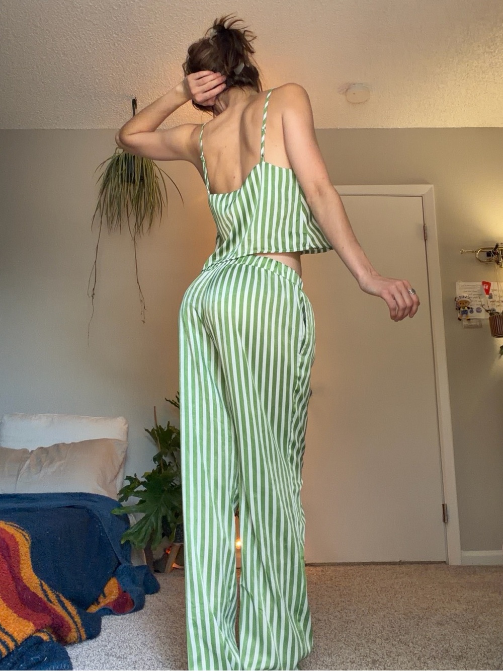 Striped Green Wide-Leg Lounge Pants With Shirt